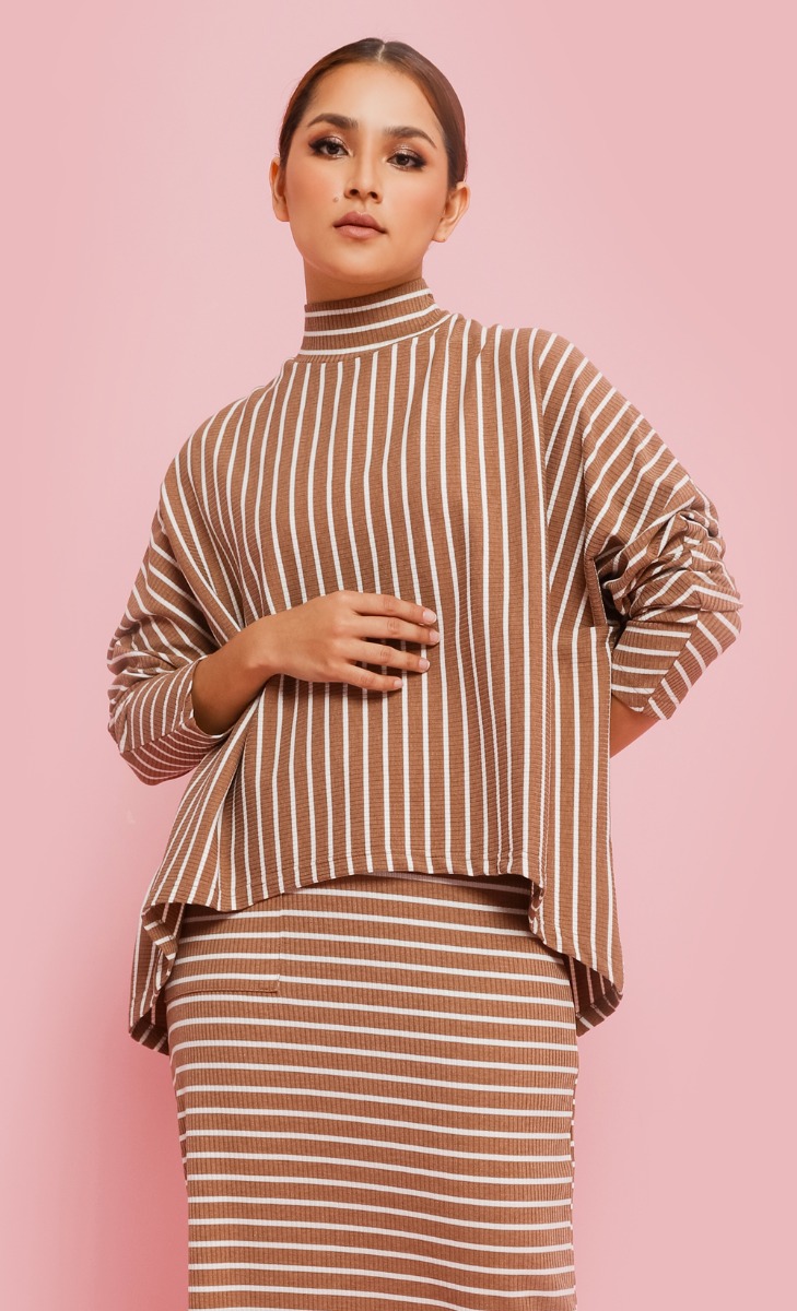 Oversized Striped Ribbed Top in Sand