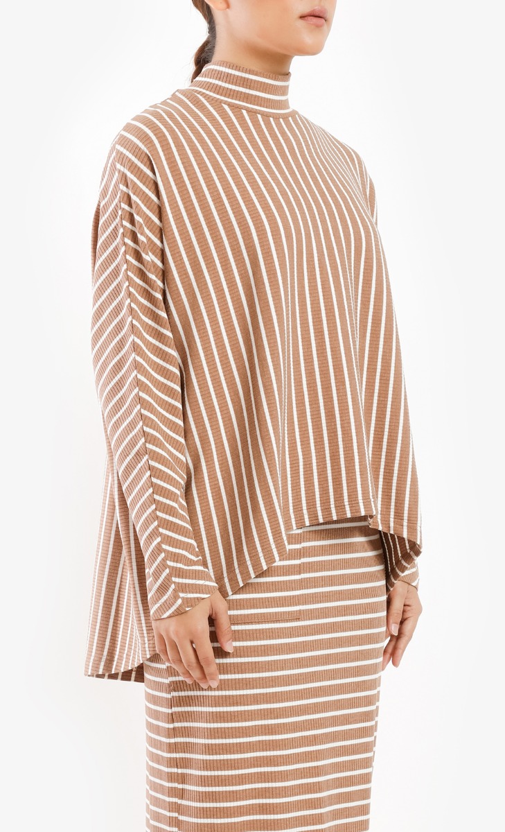Oversized Striped Ribbed Top in Sand image 2