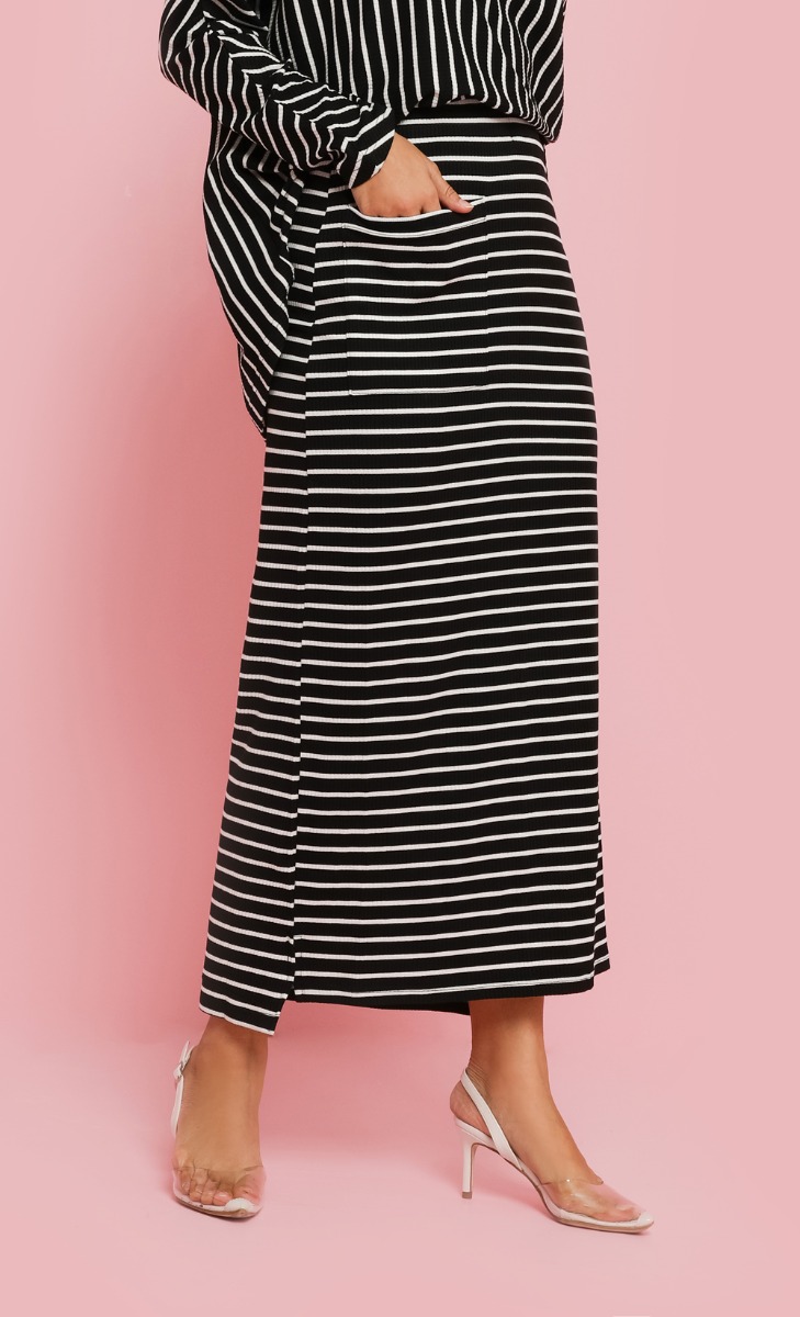 Striped Ribbed High Low Skirt in Black