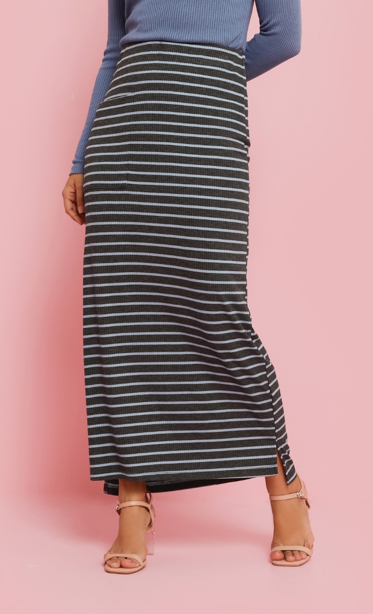 Striped Ribbed High Low Skirt in Dark Grey