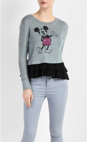 Mickey Vintage Graphic Ruffle Blouse in Grey