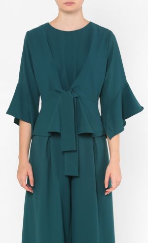 Celia Handkerchief Sleeve Knot Blouse in Emerald Green