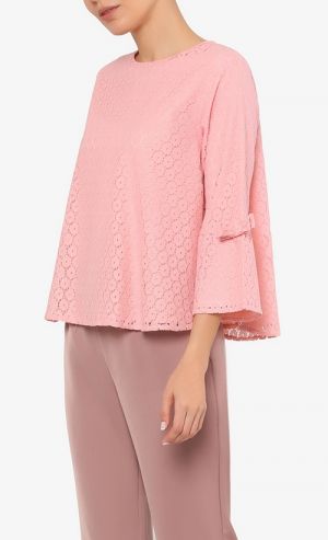 Crochet Top with Bow Sleeves in Pink