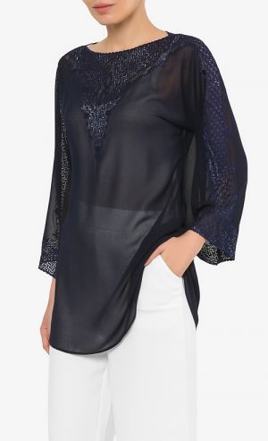 Embroidered Kaftan Top in Navy
