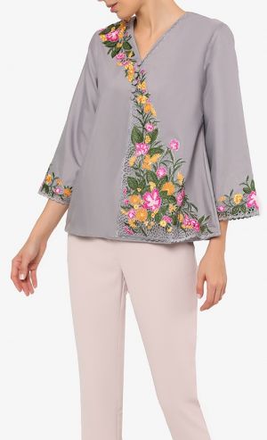 Floral Embroidered Top with Buttons in Grey