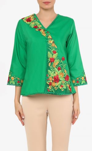 Floral Embroidered Top with Buttons in Green