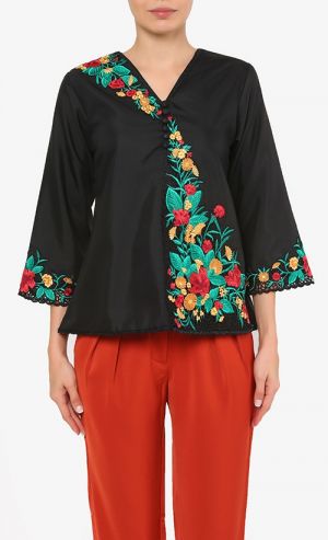 Floral Embroidered Top with Buttons in Black