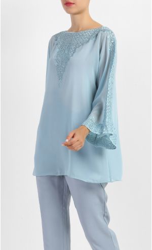 Embroidered Kaftan Top in Dusty Blue
