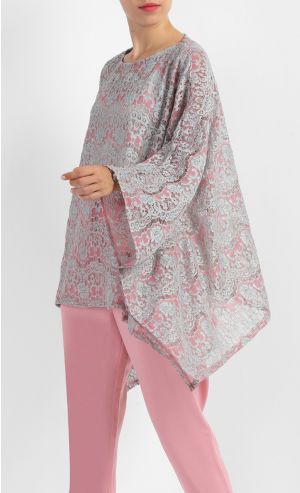 Lace Batwing Top in Pink and Grey