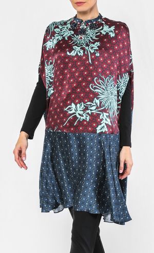 Satin Peplum Chrysant Print Cape in Maroon and Celadon
