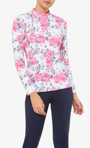 Freja Raglan Sleeves Swimming Top in White Roses Print