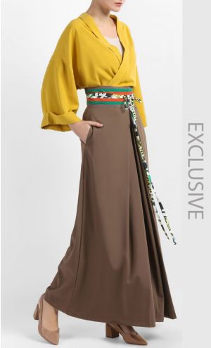 Pleated Palazzo Pants with Belt in Brown