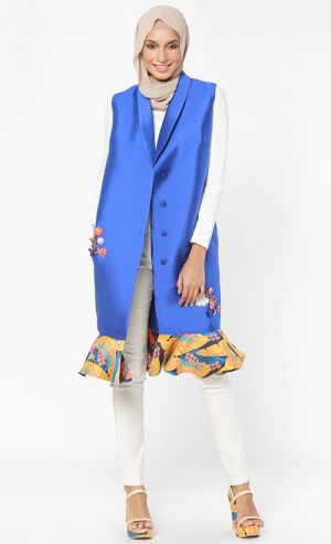 ISABEL Long Vest with Beads in Royal Blue and Multi