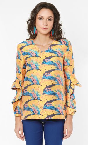 MARCELLE Top with Ruffled Sleeves in Gold and Multi