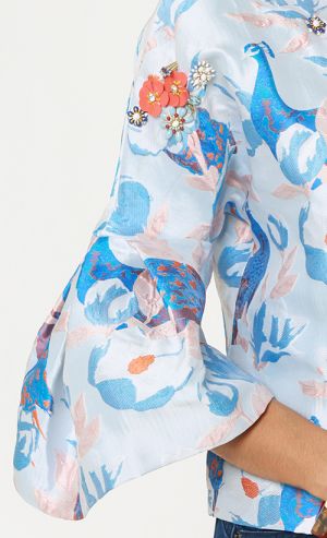 CARLA Top with Ruffled Sleeves in Bluish Grey and Multi