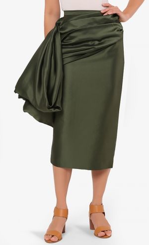 GIBSON Side Drape Midi Skirt in Moss Green