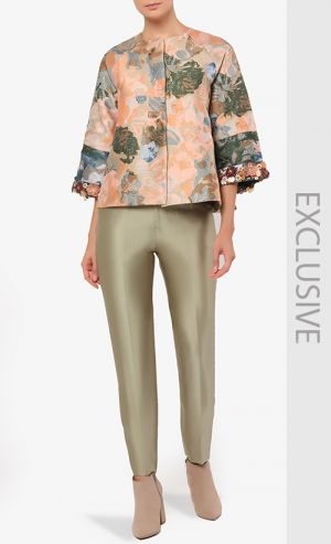 KARAKUM Brocade Floral Jacket with Beads in Moss Green and Rust