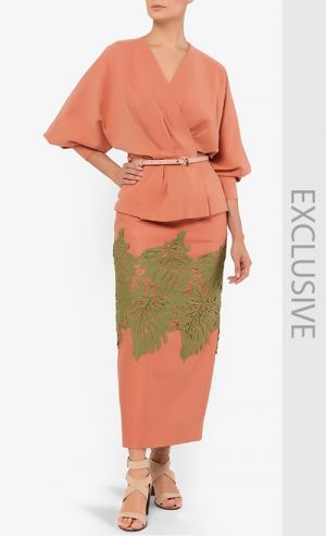 THAR Midi Skirt with Monstera in Rust and Moss Green