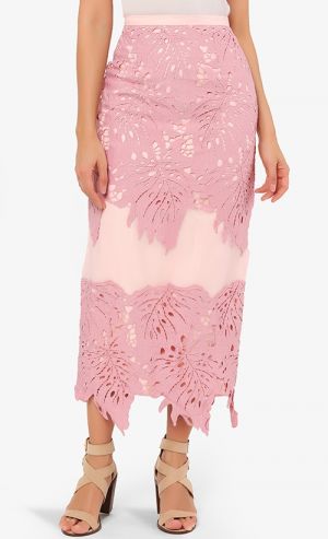 SONORAN Monstera Patched Organza Midi Skirt in Pink
