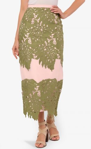 SONORAN Monstera Patched Organza Midi Skirt in Green