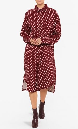 Maqilla Polka Dot Long Blouse in Maroon Polka Dot