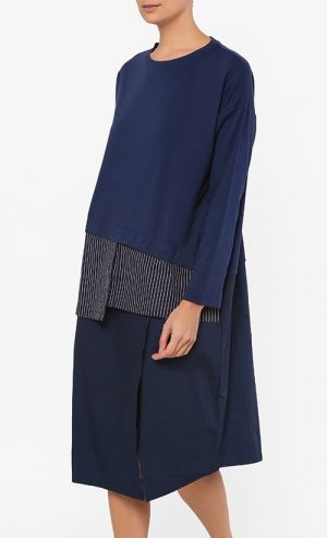 Maqilla Straight Cut Long Blouse in Dark Blue