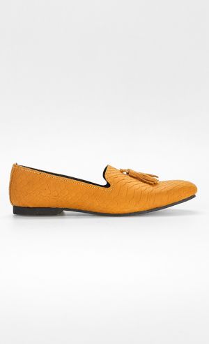 Python Embossed Leather Loafers with Tassels in Yellow