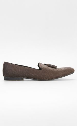 Python Embossed Leather Loafers with Tassels in Brown