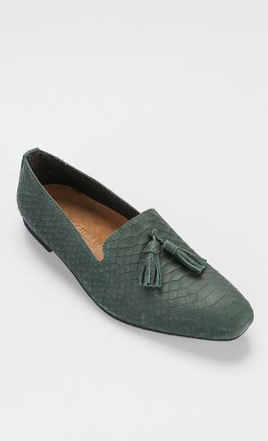 Python Embossed Leather Loafers with Tassels in Green