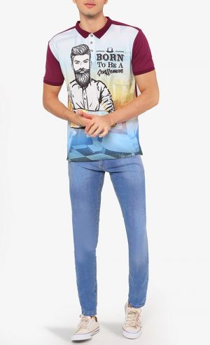 Digital Graphic Printed Polo Tee in Maroon 