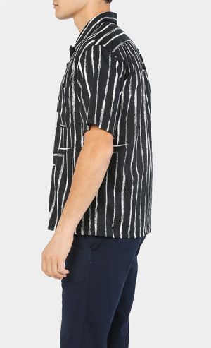 Viscose Stripe Shirt Printed with Revere Collar in Black