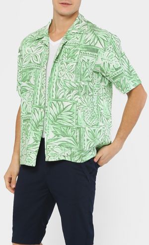 Viscose Floral Shirt Printed with Revere Collar in Green