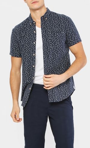 Full Printed Discharge Moustache Shirt in Navy Blue