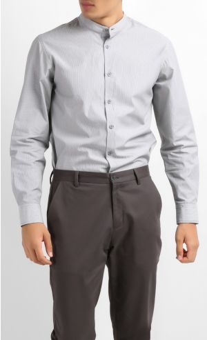 CAELAN Mandarin Collar Shirt in Grey Stripes