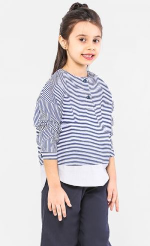 The Ingat Unisex Mock-Layer Top in Blue Stripe 
