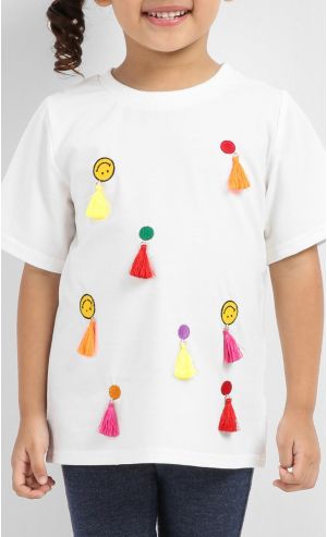 Azalea Embroidered T-Shirt With Tassels in White