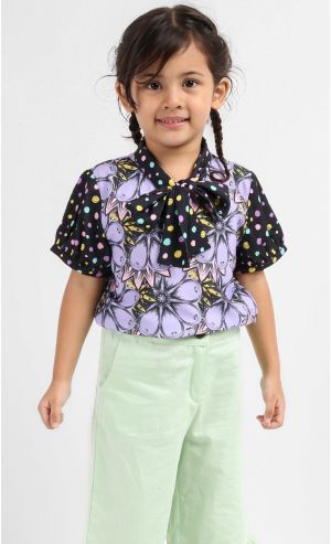Talula Printed Blouse with Bow In Purple