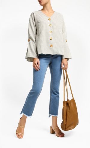 Baylee Dropped Shoulder with Pleated Sleeve Blouse in Light Olive 