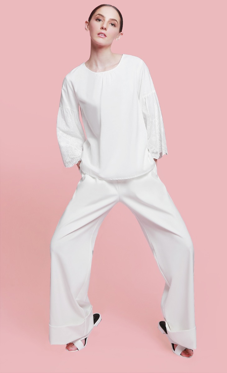 Earlena Blouse with Crochet Embroidery Sleeves in Off White 