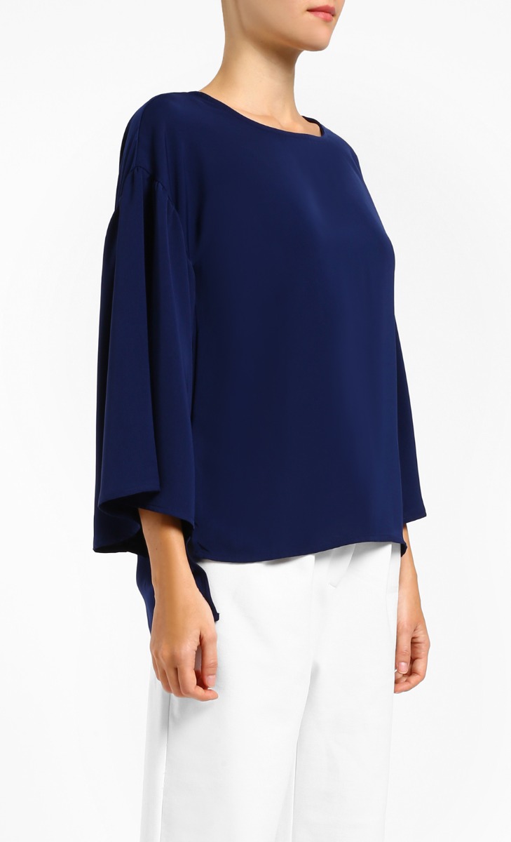 Kacie Dropped Shoulder Flare Sleeve Blouse in Navy Blue | FashionValet