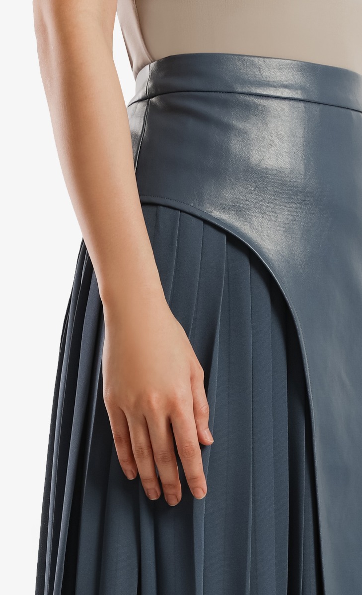Half Leather Pleat Skirt in Blue image 2