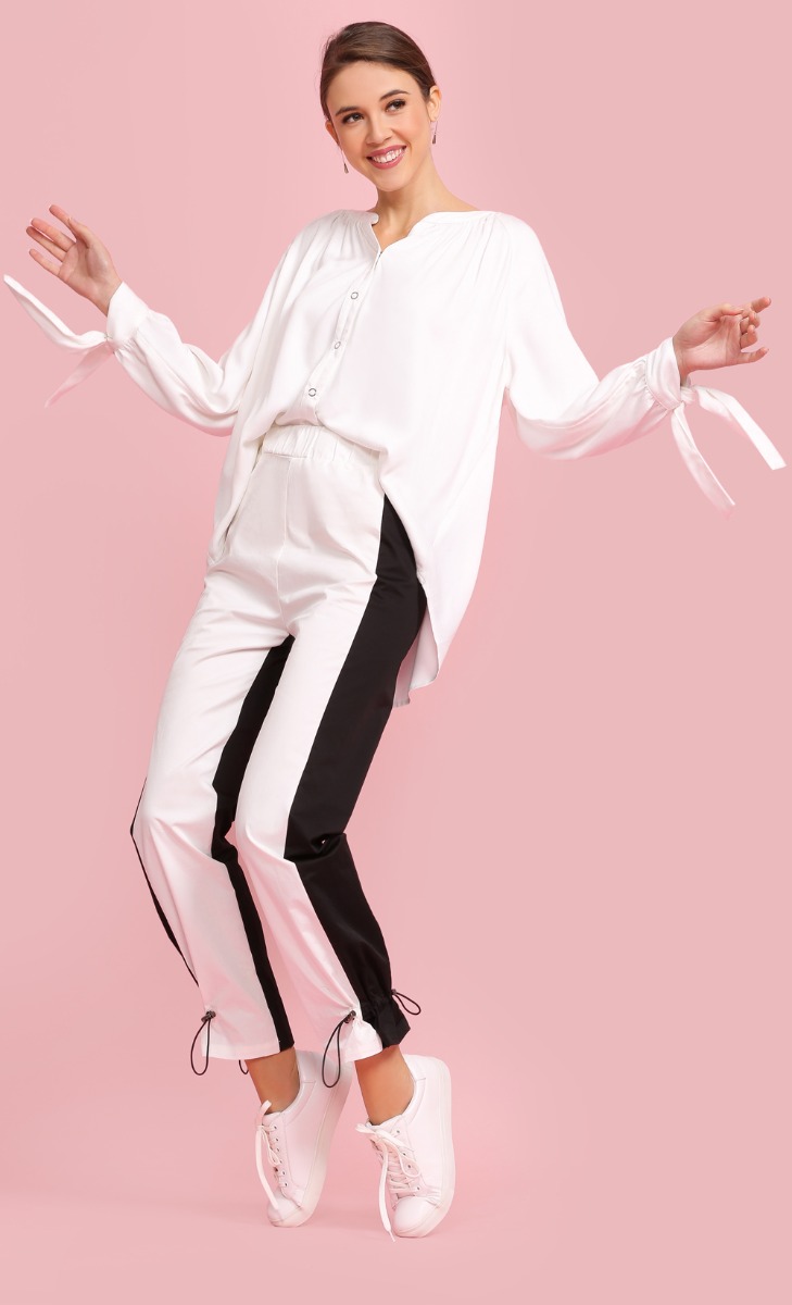 Hayley Hem Drawstring Trouser in Black White Combo