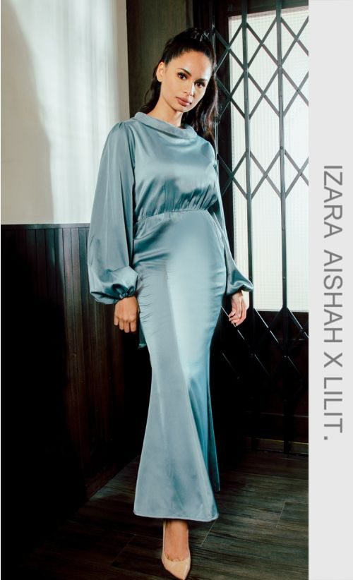 High Neck Elastic Waist Dress in Aqua Blue