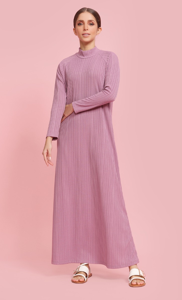 High Neck Ribbed Dress in Mauve