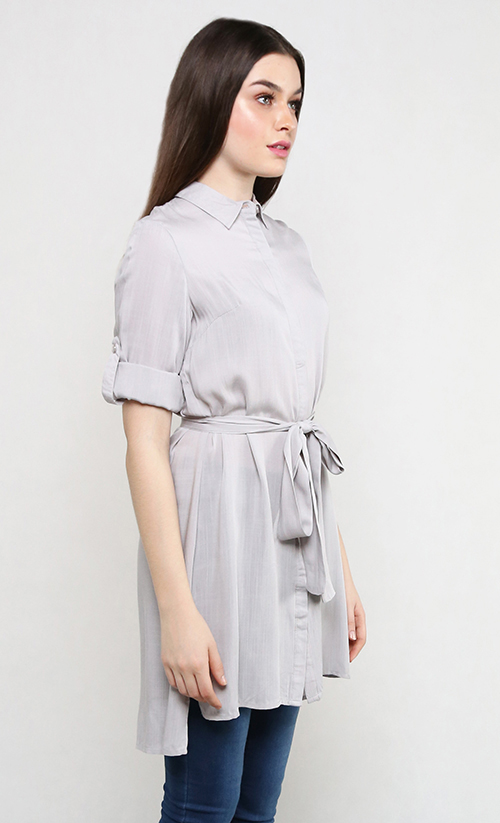 Longline Button Shirt with Waist Sash in Grey | FashionValet