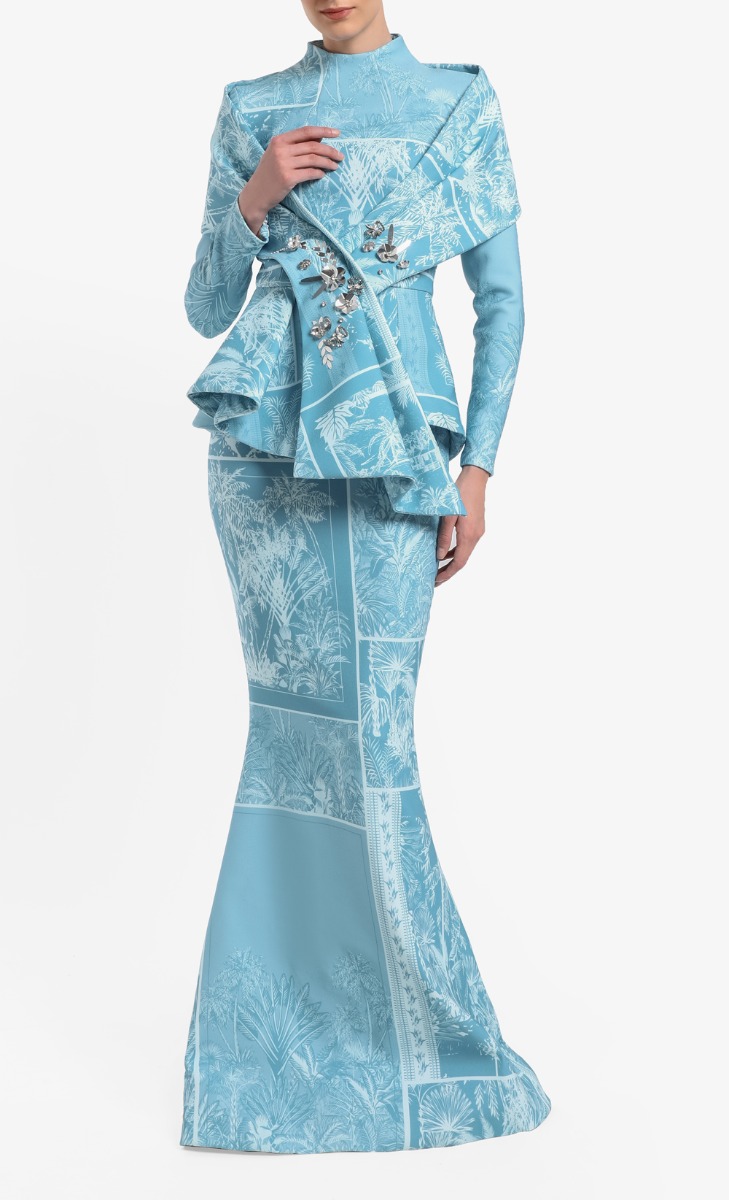 Kebaya Manukan Set in Printed Dusty Blue