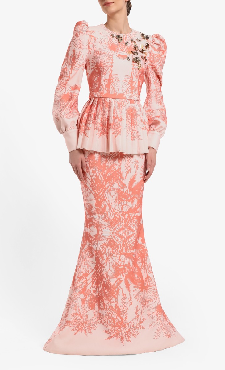 Kebaya Pangkor Set in Printed Pastel Coral