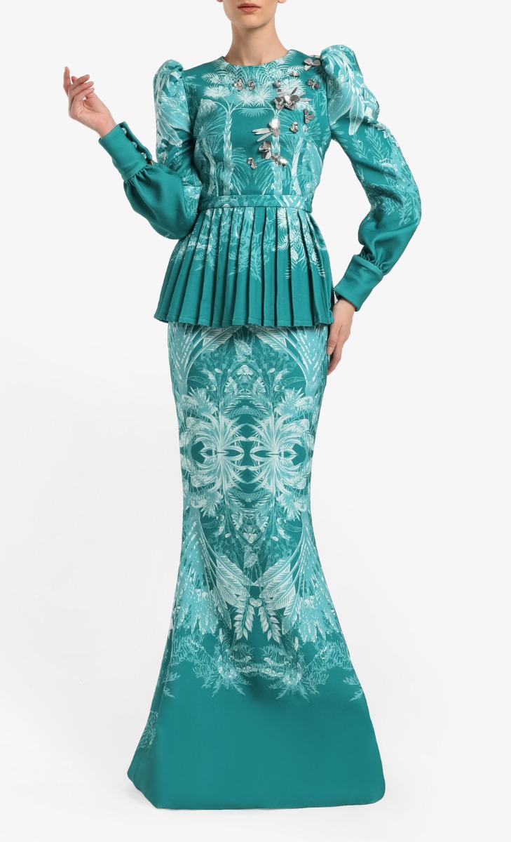 Kebaya Pangkor Set in Printed Teal Green