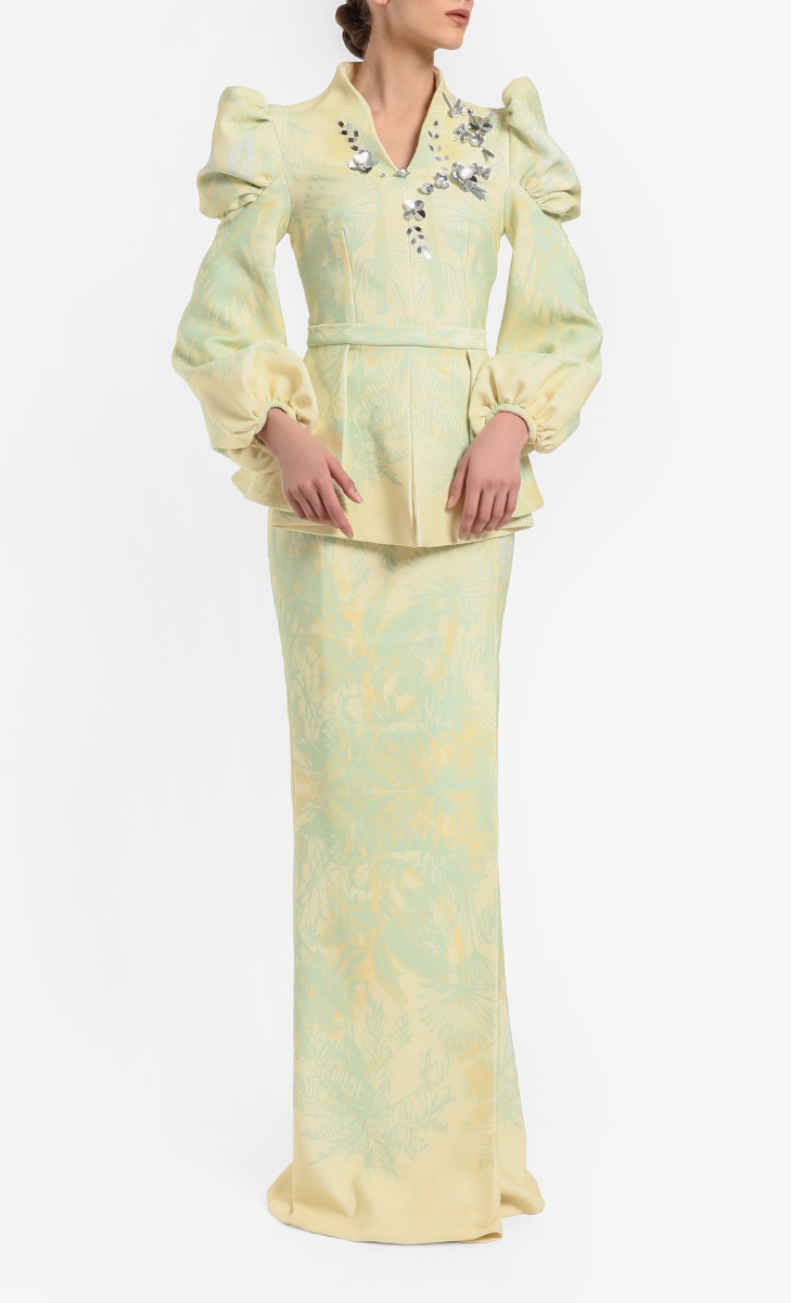 Kebaya Sipadan Set in Printed Pastel Yellow