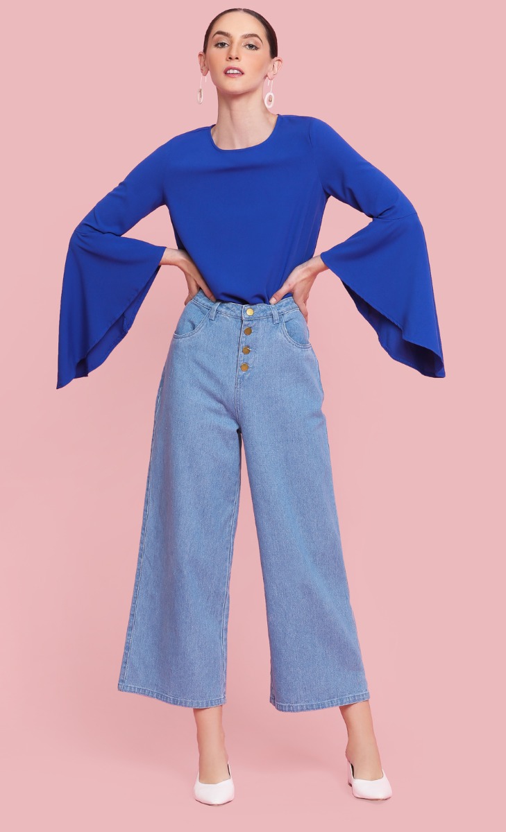 Flared Waterfall Sleeve Blouse in Royal Blue